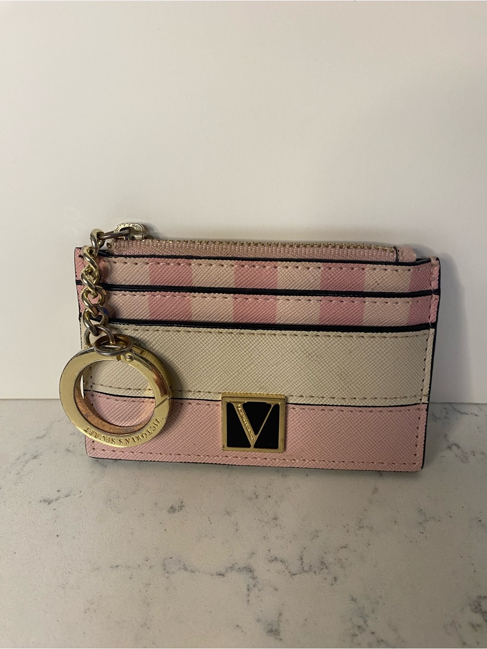 Victoria's Secret Pink and Cream Stripe Card Holder Keychain